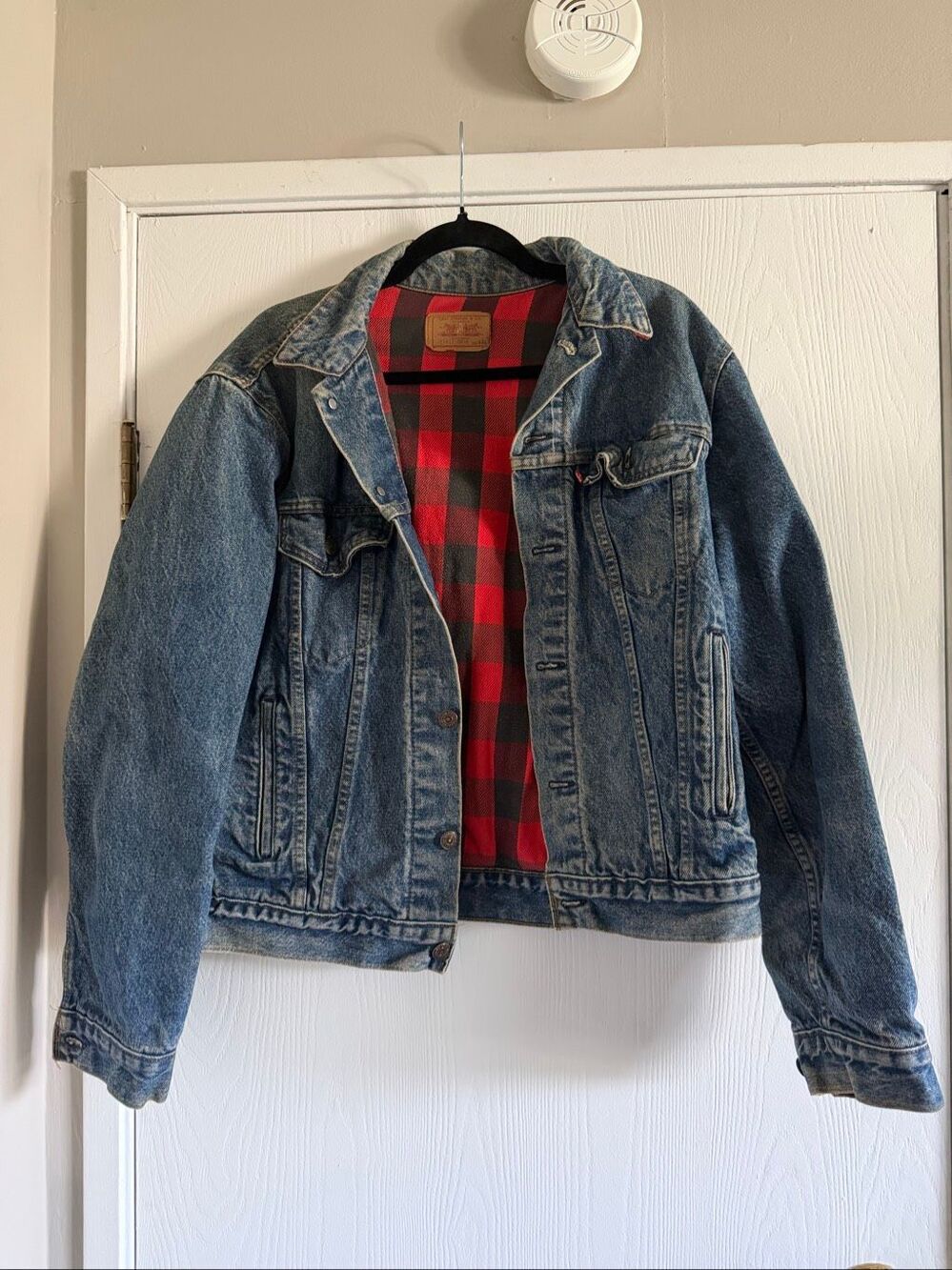 Vtg 80s Levi's 71411 0816 Buffalo Plaid Flannel Lined Denim Trucker Jacket 44L U